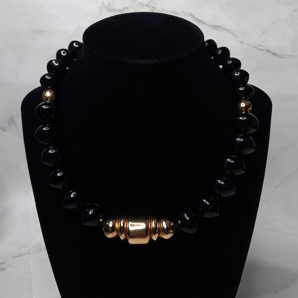 Black Beaded Necklace Gold Tone Accents - Picture 4 of 5